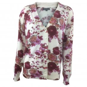 Cardigan med blomsterprint. Uld og bomuld. TILBUD
