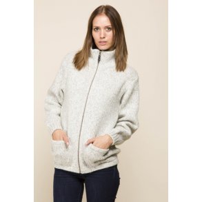 Varm strikket jakke med lynls og lommer. 100% uld.