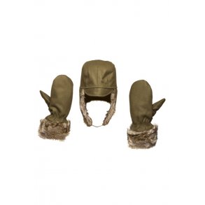 Hat og luffer i uld med fake kanin