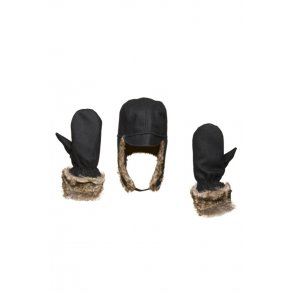 Hat og luffer i uld med fake kanin, sort