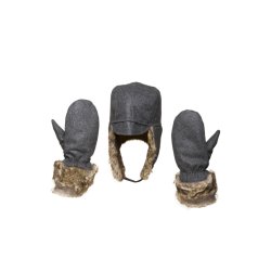 Hat og luffer i uld med fake kanin, gr