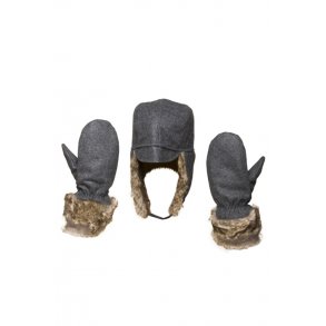 Hat og luffer i uld med fake kanin, gr