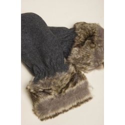 Hat og luffer i uld med fake kanin, gr