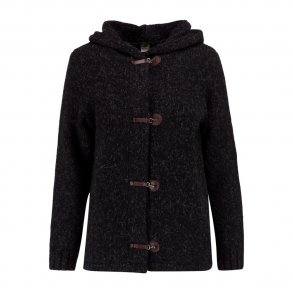 Fed strikket jakke / cardigan med htte og flotte lukninger. 100% uld. koks. Tilbud