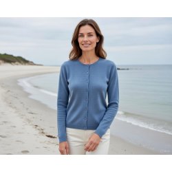 Cardigan, 100% merinould - lysebl� - dame - jeansbl� - TILBUD