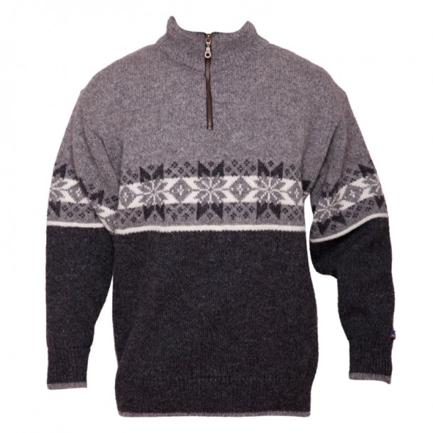 sweater med kort lyn. Koks/grå med mønster. 100% Ren Ny Uld. Tilbud - Strik og trøjer - Samsø Nature