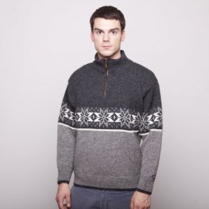 Strik sweater med kort lyn. 100% Ren Ny Uld. Flotte gr nuancer. Tilbud