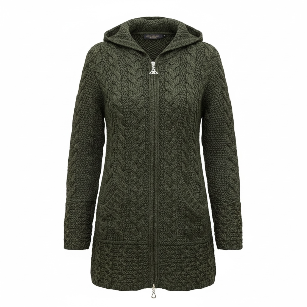 Lang cardigan i 100% merinould, army green, TILBUD