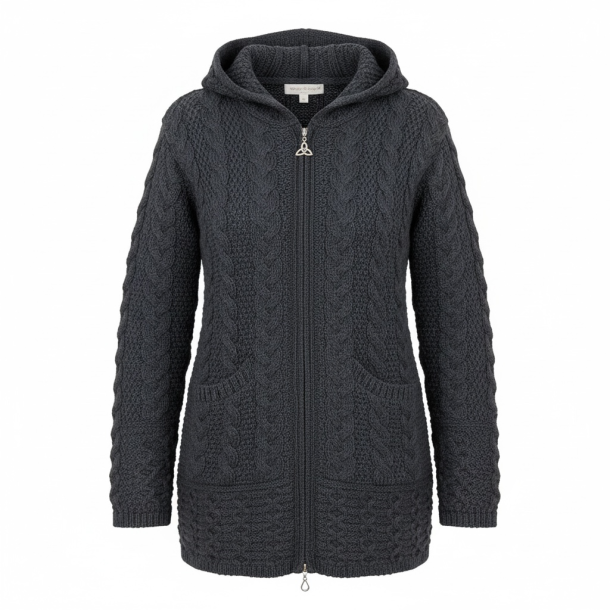 Lang cardigan i 100% merinould, charcoal, TILBUD