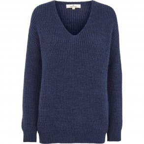 Strikket sweater, V-hals med uld TILBUD