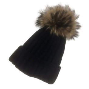 Hue m. uld og pompon af canadisk vaskebjrn. SORT, TILBUD
