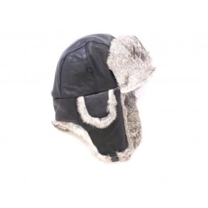 Hat i bldt lammeskind med gte kanin, sort. Tilbud
